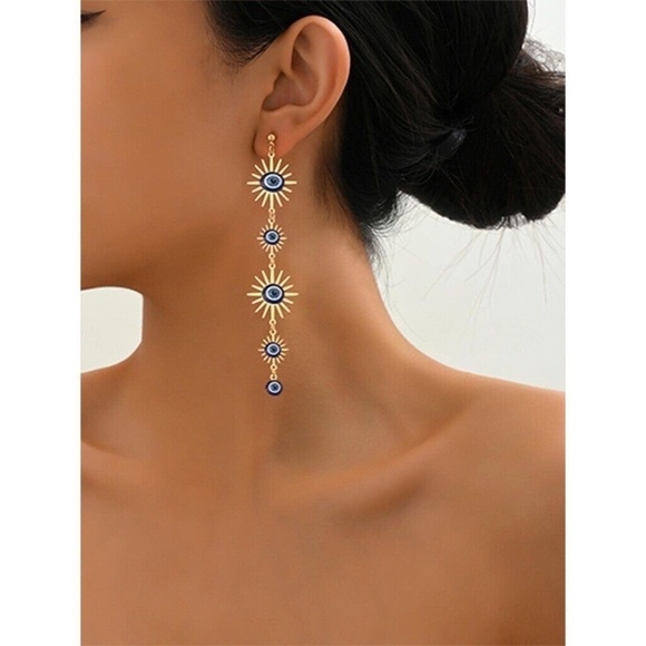 NEW! Long Dangle Blue Gold Sun Shoulder Duster Earrings Post Boho Festival - Picture 5 of 7